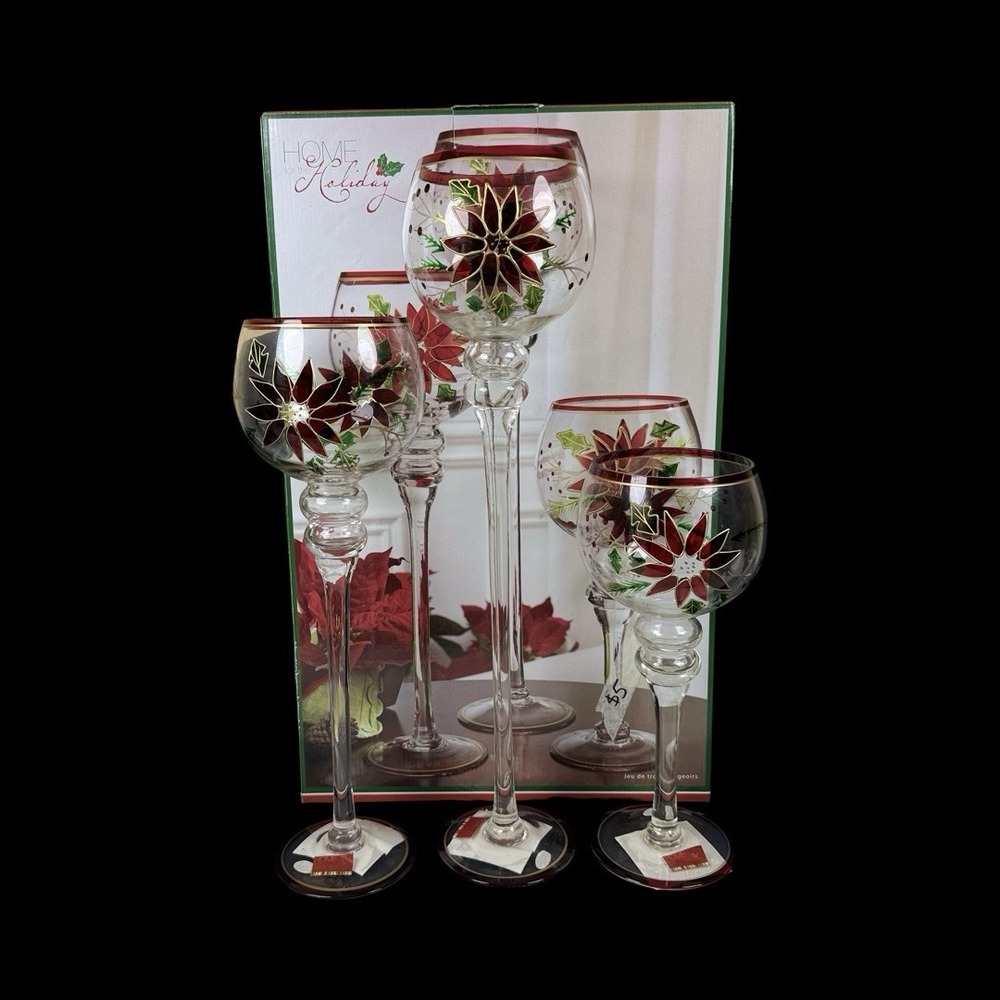 Home for the Holiday Set of 3 Hurricane Poinsettia Candle Holders